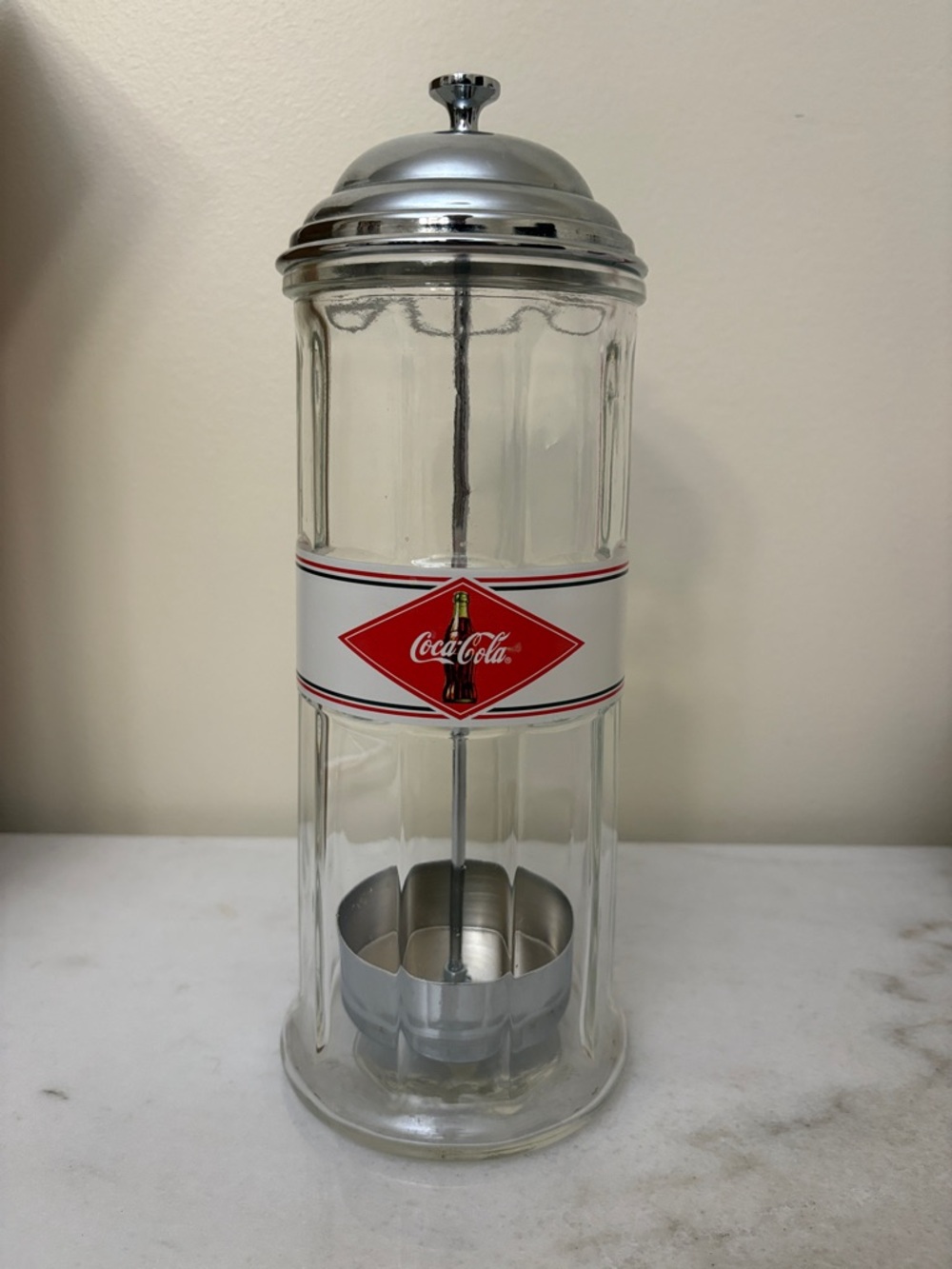 Coca Cola Clear Glass Straw holder with Red Logo Band and Silver Lid